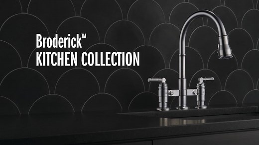 The powerful features of the Broderick™ Collection take center stage in the kitchen, with an industrial style that alludes to a rich heritage. The collection includes distinctive bridge faucet and pull-down spring spout faucet options that add a unique element to any kitchen. Styled after the rugged nuts and bolts of machinery, it serves as a true centrepiece in the kitchen. | Delta Faucet Canada
