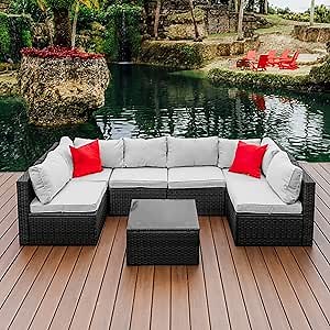 Nestl Patio Furniture Set 7 Piece Outdoor Conversation Set with Black Wicker Sectional and Off White Cushions