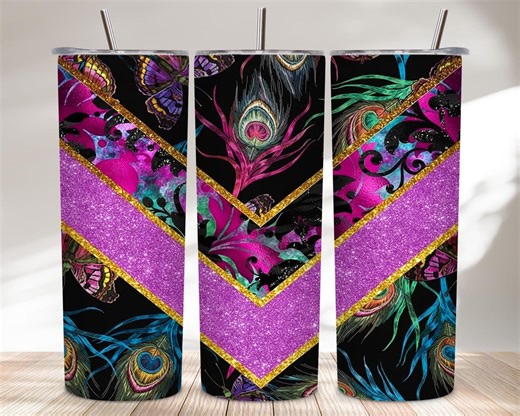 Purple Gold Chevron Tumbler Wrap PNG | Peacock Feather Glam Sublimation Design 20oz - Etsy