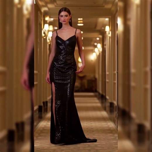 Black Athena Spaghetti Straps Sequins Bridesmaid Dress