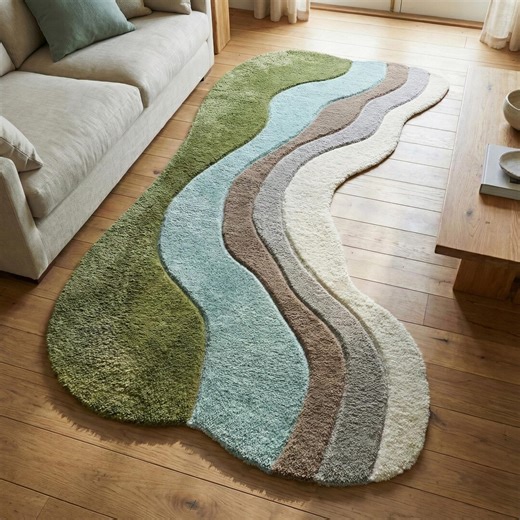 Irregular Wave Hand Tufted Wool Rug, Moss Green Blue Bay Shoreline Curved Area Carpet - Etsy