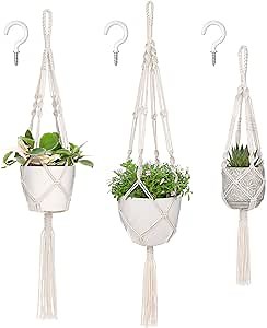 Mkono 3 Pack Macrame Plant Hangers, Different Sizes Hanging Planters Indoor Basket Decorative Flower Pots Holder Stand Boho Home Decor, Ivory