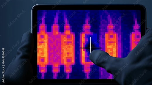 Thermal inspection detects heat patterns on electrical components to prevent power outage and ensure safety using handheld device in dark environment