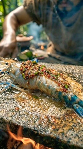 Giant River Prawn Grilled on Stone Fire 🔥 #forestlife #shorts #prawns #asmr