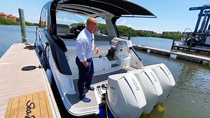 Join Patrick Roark of MarineMax Clearwater as he walks you through the all-new Sea Ray Boats Sundancer 370 Outboard. Explore new shorelines during the day and rest up during the night. The boat is beautifully furnished with inviting comforts for an oasis-like retreat on the waves whether you want to spend an afternoon or an entire weekend. The cockpit is ideal for serving brunch or hosting dinner parties with a wet bar, teak port cockpit table, optional Kenyon grill, optional refrigerator and op