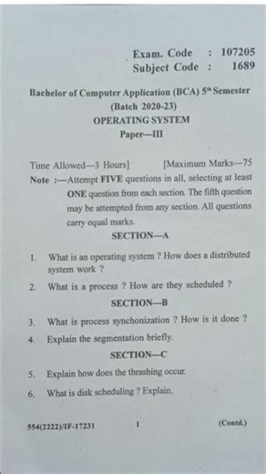 BCA|Operating System Question Papers|2021-2024|GNDU|