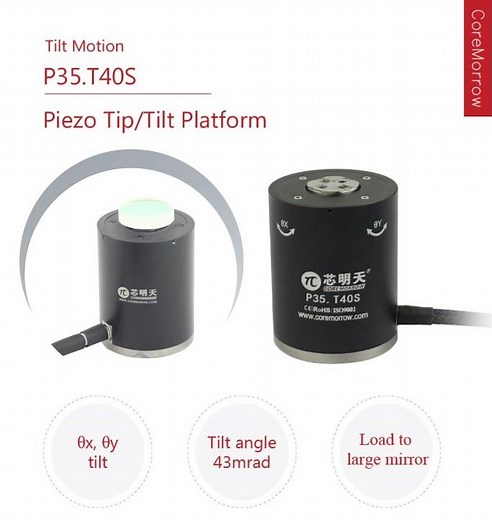 Piezo tilt platform with mirror for beam deflection and stabilization in optics from CoreMorrow.