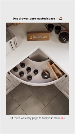 Brain Fuell on Instagram: "The video is a polished 3D-rendered animation promoting a conceptual FurniFlex 3D corner kitchen drawer system, designed to eliminate wasted space in L-shaped base cabinets. Set against a clean, modern white kitchen countertop corner with the "FurniFlex 3D" logo displayed nearby, a sleek, curved pull-out drawer emerges smoothly from the cabinet. Composed of flexible, segmented light-wood compartments, it bends fluidly around the 90-degree angle without visible rails or