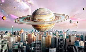 Futuristic cosmic animation with deep space, galaxy, and futuristic cityscape on a planet. Bright cosmic animation with illustrated transformations and music visualization concept.
