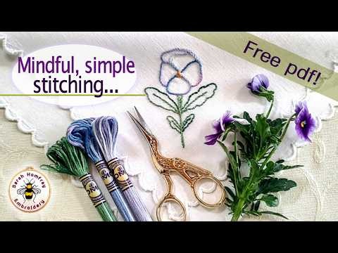 Stitch beautiful pansy flowers in just 3 stitches. Easy embroidery tutorial + free design