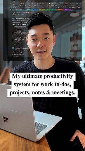 Simon | Career Advice for Quiet Achievers on Instagram: "📘 Template below: This is the exact productivity system I use to stay organized, get more done, and still have energy for life outside of work. Built in Microsoft OneNote — but you can use Notion, Trello, Evernote, whatever works for you. Hi, I’m Simon — a marketing leader at Microsoft — and in this episode of Quiet Productivity at Work, I’ll walk you through the system I’ve used for years to: ✅ Manage projects and meetings ✅ Stay on top 