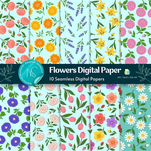 Floral Digital Paper Bundle, Seamless Flower Patterns, Spring Backgrounds (10 JPG Files) - Etsy