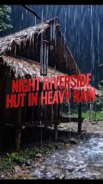 Night Riverside Hut in Heavy Rain | Sleep Ambience with Flowing Stream & Wind Chimes