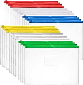 JARLINK 24pcs Poly Zip Envelopes, 6 Colors, A4 Letter Size Plastic Files Zipper Folders, Reusable Pencil Bags for School, Office, Travel Storage Supplies