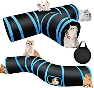 2pack Collapsible Cat Tunnel, Cat Tunnels for Indoor Cats Pet Play Tunnels 3Ways + S-Type Rabbit Tunnels for Indoor Bunnies Crinkle with Interactive Ball -Black