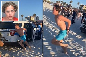 Moment Florida Spring Breaker RUNS from patrol car in cuffs during wild beach chase
