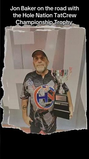 Jon Baker is Traveling with the Hole Nation TatCrew Championship Trophy