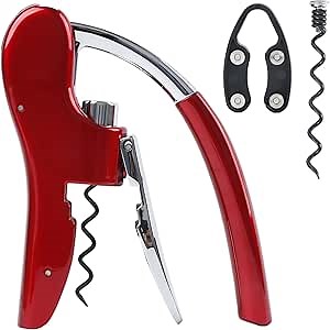 KAYCROWN Stainless Steel Wine Bottle Opener, Compact Vertical Lever Corkscrew with Foil Cutter and Extra Spiral, Manual Handheld Corkscrew with Ergonomic Lever Pump (Red)
