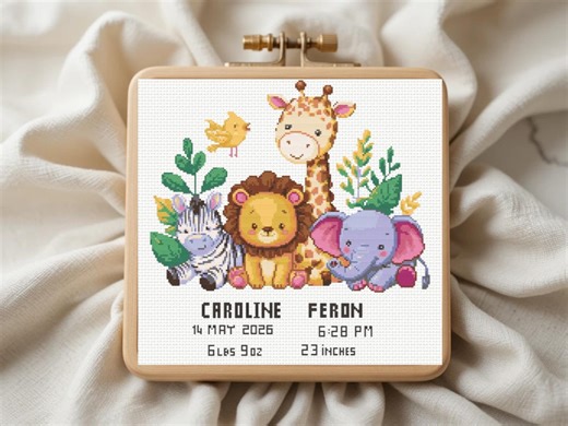 Birth Announcement Cross Stitch Pattern PDF | Safari Animals Sampler | DIY Baby Shower Easy Chart | Instant Download PDF - Etsy Australia