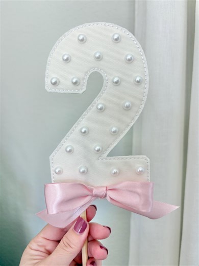 Faux Pearl Number Cake Topper | Second Birthday Cake Topper | Elegant Blush Bow Birthday Decor | Keepsake Birthday Topper - Etsy