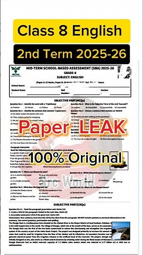 Class 8 English Paper 2nd term 2025 8th Class English ka paper class 8th paper English mid term 2025