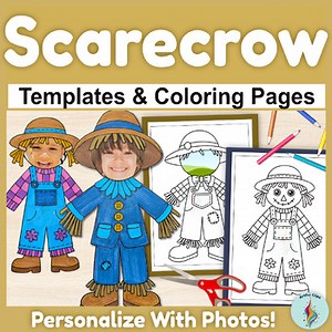 Scarecrow Template Set, Coloring Pages & Photo Craft for Fall October Halloween