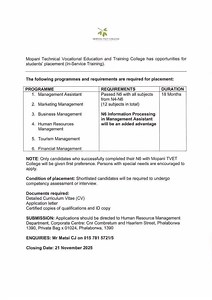 11K views · 45 reactions | Inservice Training 1. Management Assistant 2. Marketing Management 3. Business Management 4. Human Resource Management 5. Tourism Management 6. Financial Management Mopani TVET College Opportunities With Thabang WhatsApp Channel: https://whatsapp.com/channel/0029Vadi8px42DcfdTWUPa30 Good Luck! #OpportunitiesWithThabang | Mabulana-Maseko Foundation | Facebook