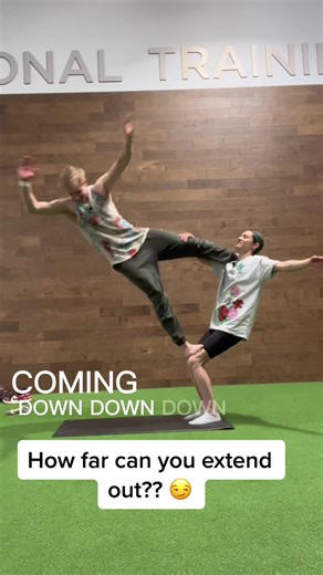 Haha she got it!! Try this partner acro challenge with your friends and see who can extend out the furthest!! This one is pretty easy to get. I think everyone will get it 🤪 #acrobatics #partneracrobatics #couplechallenge #partnerchallenge #partnerstunt #humanflag