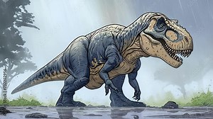 A Tyrannosaurus Rex basking in the sun after a refreshing rain shower its form casting a shadow over the damp earth.