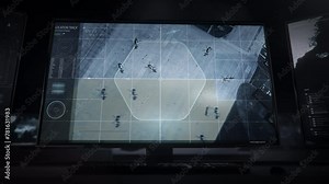 Satellite Scan Shows Military Base With Numerous Helicopters. Utilizing Satellite Scan Monitor Displays View Of Military Base. Modern Reconnaissance Software Used For Satellite Scan. UI