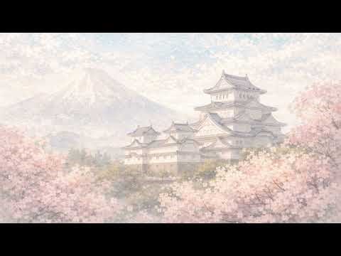 Cherry Blossom Castle | Mount Fuji Spring Aesthetic Idle TV Background | Soft Japanese Watercolor