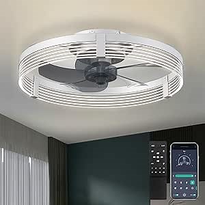 19.7" Low Profile Ceiling Fan with Lights and Remote, Modern Flush Mount LED Stepless Dimmable, Reversible Blades,6 Speeds Timing for Bedroom, Indoor Use - White
