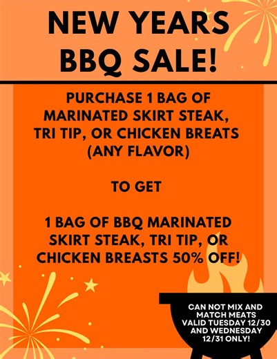New year, new reason to fire up the grill! 🔥 Stock up with our New Year’s Eve BBQ Sale — purchase 1 bag of marinated skirt steak, tri tip, or chicken breasts (any flavor) and receive your second bag 50% OFF (BBQ flavor only, same meat). 🚫 Cannot mix & match 📅 Tuesday 12/30 & Wednesday 12/31 only | Freedom Meat Lockers