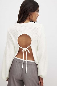 Knitted Open Back Balloon Sleeve Sweater Offwhite