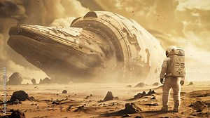 An astronaut on an alien planet, near a giant ancient alien structure