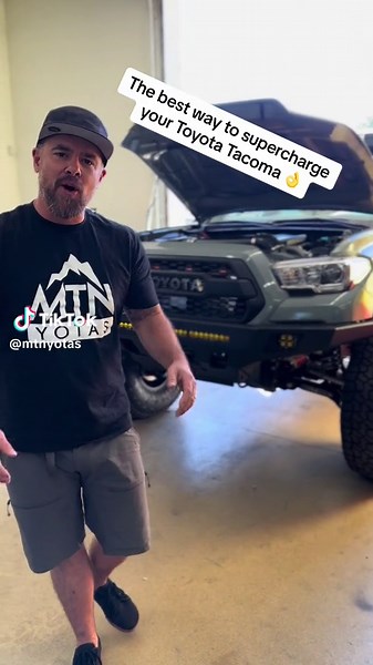 The best way to add more torque to a Toyota Tacoma is a regear, but the best way to add more horsepower is a Procharger kit! It’s a centrifugal supercharger where a belt drives the cold side of a turbo… this adds 40% more horsepower to a stock Tacoma. Getting straight cut gears makes it sound MEAN! Major head turner and super fun to drive! #toyotamods #tacomamods #supercharger #trdoffroad #mtnyotas #toyota #toyotatacoma