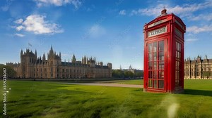 red telephone box with the beauty of big ben behind it, smooth 4K looping virtual video animation background