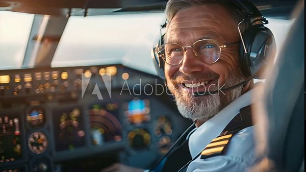 An airplane pilot is seated in the cockpit wearing a headset and headphone