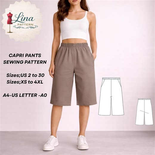 Capri Pants Sewing Pattern, Elastic Waist, Wide Leg, Knee Length (digital PDF Download)(xs-4xl) - Etsy