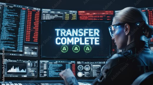 Female Agent Oversees Data Transfer on Multiple Computer Screens