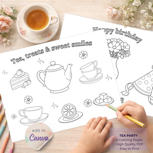 Printable Tea Party Coloring Pages, Kids Birthday Activity, Editable Text, Instant Download - Etsy