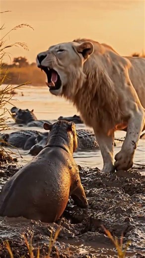 Beby hippo and lion #wildlife