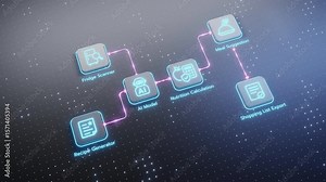 Conceptual diagram showing an AI agent system for lifestyle and food management, including recipe generation, fridge scanning, nutrition calculation, meal suggestions, and shopping list creation.