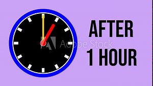 Animation of a rotating clock showing 1 hour has passed, then the words "after 1 hour" appear, suitable for video elements about processes that take 1 hour such as cooking, educational and science. Stock Video