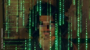 Pixelated face of an unknown hacker with green binary code overlay. Unethical hacking concept Stock Video