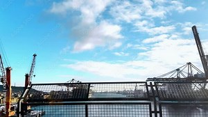 Timelapse Truck with line Technology transportation logistics at Cargo sea port. Container Ship Futuristic Global Logistics international delivery concept AI, logistic and supply chain network