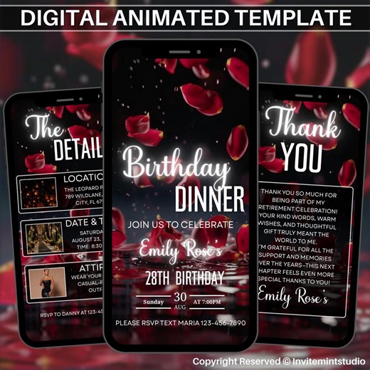 Birthday Dinner Party Invitation, Elegant Video Evite, Editable Canva Template for Instant Digital Download, Animated Rose Petals Template - Etsy
