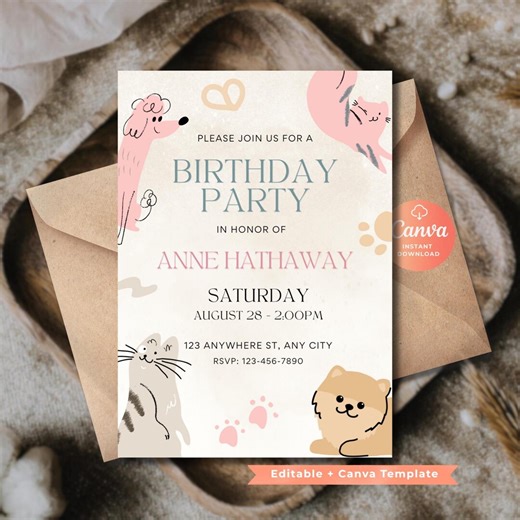 Cartoon Animal Birthday Invitation, Canva Editable Template (5x7), Printable, Instant Download - Etsy
