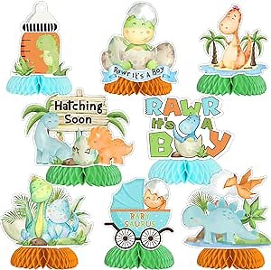 8 Pieces Dinosaur Baby Shower Honeycomb Centerpieces for Boys, Hatching Soon Baby Shower Table Decorations, Rawr Its A Boy Dinosaur Themed Party Supplies