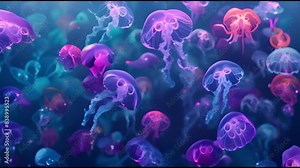 The seamless animation demonstrates colorful jellyfish in deep seas, underwater patterns, and graphical sea animals. The 4k background or screen saver could be used as a background in a fantasy